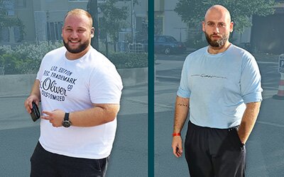 Gyunay M. hat es geschafft, während seines zweijährigen Aufenthalts in der Wohngruppe der KJF Klinik Santa Maria rund 70 Kilogramm abzunehmen und seinen Realschulabschluss zu bestehen. Vor seiner Reise nach Oberjoch (links), schämte er sich für sein Gewicht. Heute (rechts) studiert der junge Berliner Psychologie und will im sozialen Bereich arbeiten. Foto: KJF Augsburg / Gyunay M.